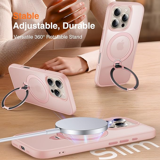 360° O-Ring MagStander for iPhone 16 Pro Max Case with Magnetic Kickstand Ring Holder [Compatible with MagSafe][360°Rotate Stand][Military Shockproof] iPhone 16 Pro Max Phone Cover Pink