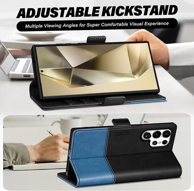 TUCCH Wallet Case for Galaxy S25 Ultra, Magnetic PU Leather Stand [RFID Blocking] Credit Card Holder Flip Cover with [TPU Shockproof Interior Case] Compatible with Galaxy S25 Ultra, Black & Light Blue