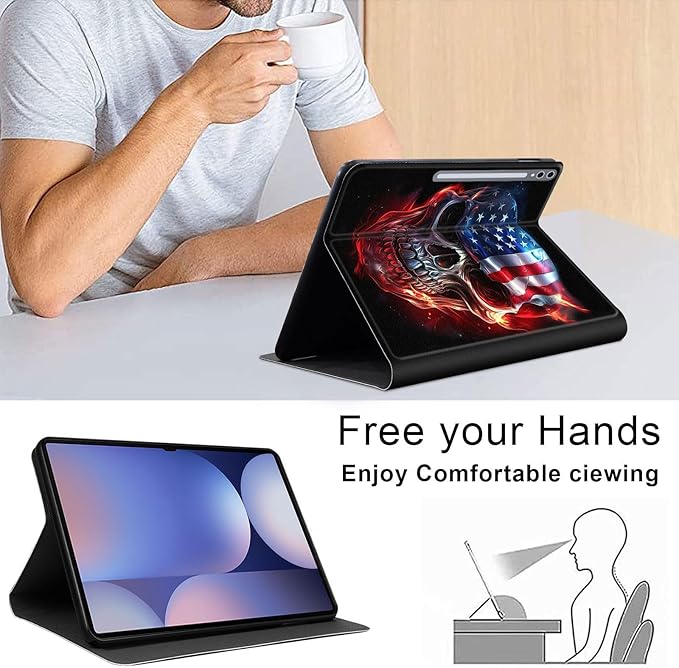 Case for Samsung Galaxy Tab S10 Ultra/Galaxy Tab S9/S8 Ultra 14.6-Inch, Slim PU Leather Stand Cover with Auto Wake/Sleep, Multi-Angle Viewing & Shockproof, Skull American Flag