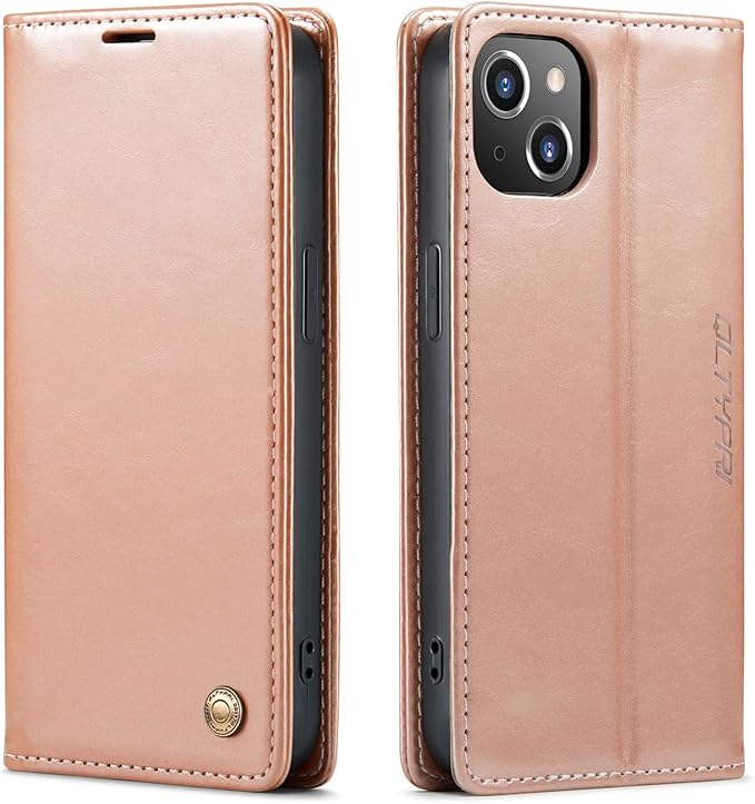 QLTYPRI Case for iPhone 14, Vintage PU Leather Wallet Case Card Slot Kickstand Magnetic Closure Shockproof Flip Folio Book Case Cover for iPhone 14(6.1 inch) - Rose Gold