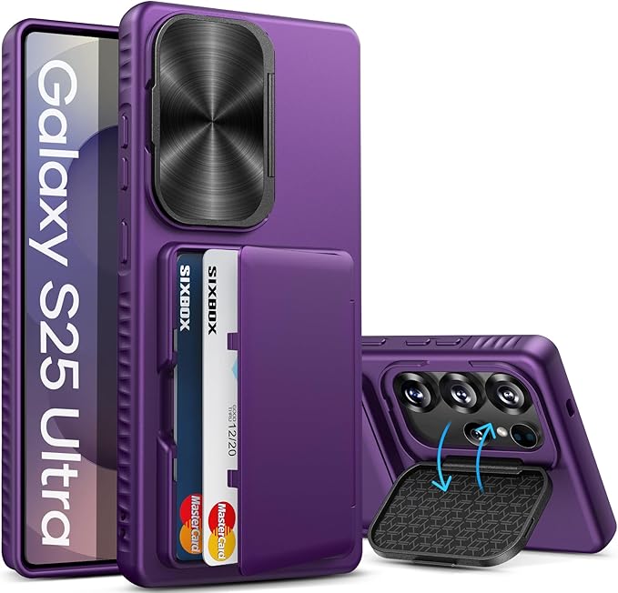 for Samsung Galaxy S25 Ultra Case, Built-in Card Holder & Stand & Lens Cover, Military Grade Drop Tested Soft Silicone Edge Rugged Protective Wallet Phone Case for S25 Ultra 6.9" 2025, Purple