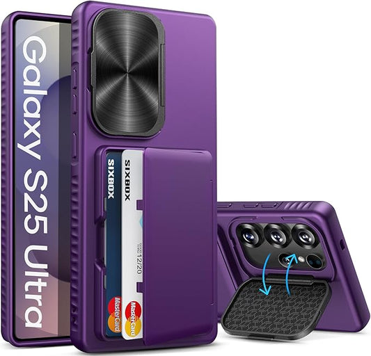 for Samsung Galaxy S25 Ultra Case, Built-in Card Holder & Stand & Lens Cover, Military Grade Drop Tested Soft Silicone Edge Rugged Protective Wallet Phone Case for S25 Ultra 6.9" 2025, Purple