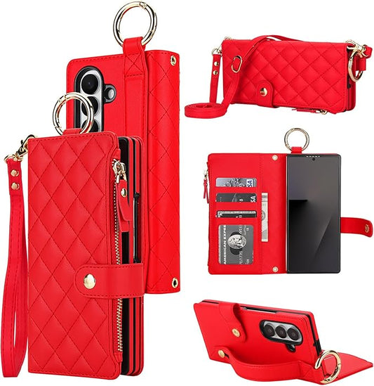 KIHUWEY for Galaxy Z Fold 7 Wallet Case with Card Holder Premium Leather Magnetic RFID Blocking Shockproof Zipper Wrist Strap Lanyard Cover for Samsung Galaxy Z Fold 7 8.0 Inch (Red)