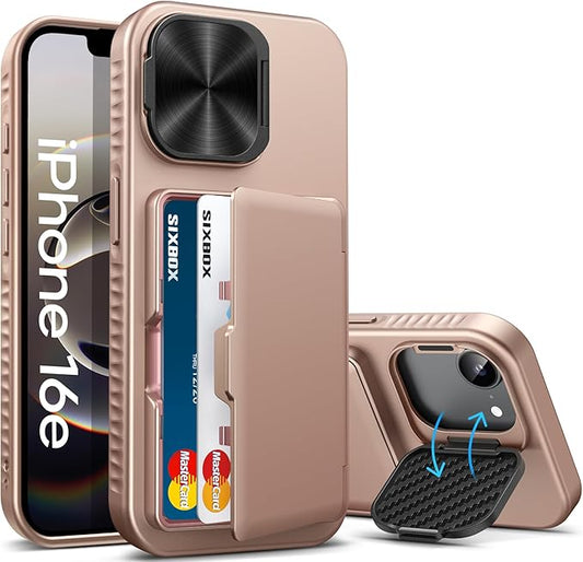 for iPhone 16e Case with Card Holder & Camera Lens Cover Stand, Military Grade Drop Protection Shockproof Rugged Stand Wallet Protective Phone Case for iPhone 16e 2025, Rose Gold