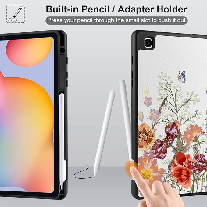 DONGKE Case for Samsung Galaxy Tab S6 Lite 10.4 Inch 2024/2022/2020, Trifold Stand + S Pen Holder + Auto Wake/Sleep + Soft TPU Protective Stand Back Cover, Floral
