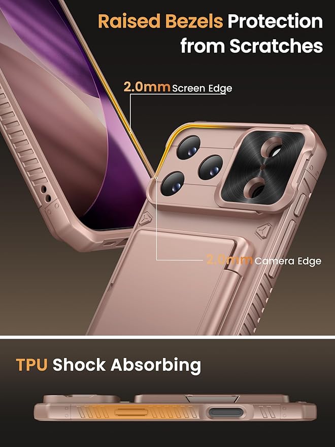 Vihibii for iPhone 17 Pro Case Wallet with Card Holder (4 Cards) [RFID Blocking] & Slide Camera Cover, Military Grade Drop Protection, Rugged Back & Silicone Edge Phone Case 6.3" 5G 2025, Rose Gold