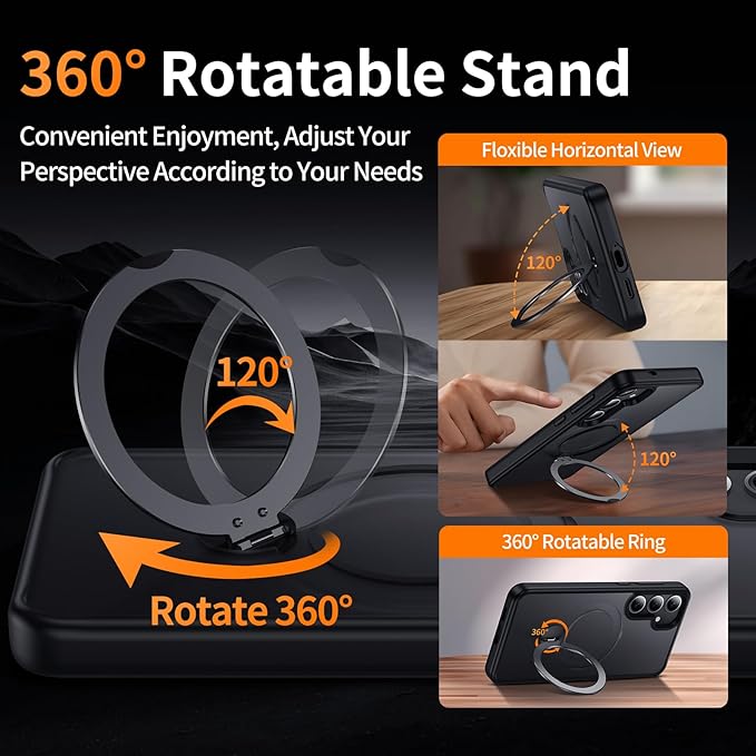 for Samsung Galaxy S24+ Plus Case,Compatible with Magsafe,with 360°Rotatable Magnetic Ring Stand [Wireless Charging],Matte Translucent Slim Soft Edge Phone Kickstand,Black