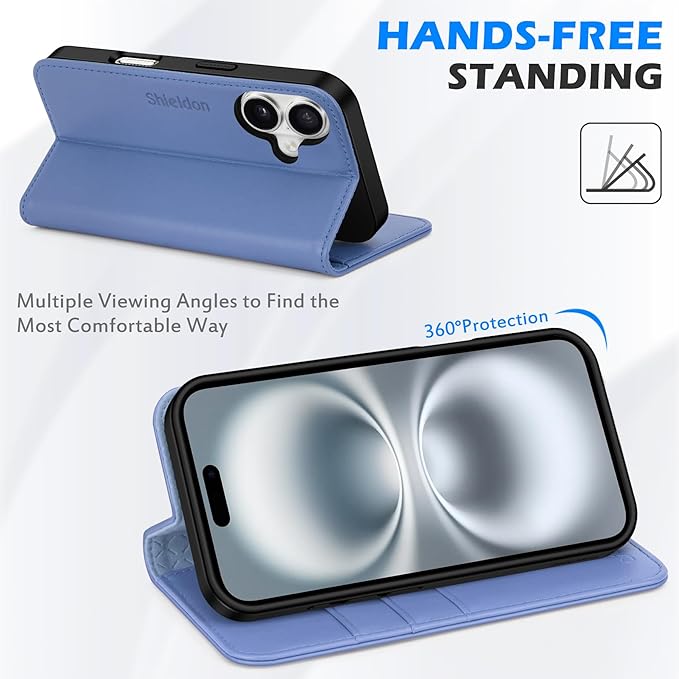 SHIELDON Wallet Case for iPhone 16 6.1", Genuine Leather Folio Magnetic Kickstand RFID Blocking Credit Card Slots Protective Phone Cover Compatible with iPhone 16 5G 2024 - Nappa Wisteria Purple