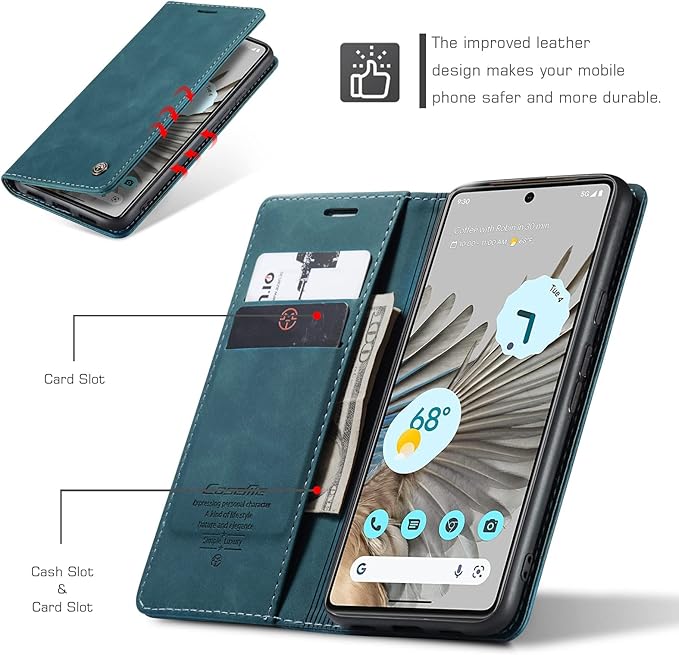 for Google Pixel 7 Pro Case, Flip Wallet Leather Case with Card Holder Magnetic Closure Shockproof Kickstand Protective Phone Cases Cover for Google Pixel 7 Pro,Blue-Green