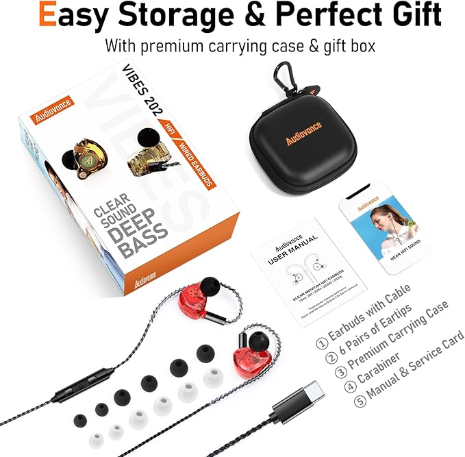 Vibes 202MC USB-C Wired Earbuds - HiFi in Ear Headphones - USBC for iPhone 16/15 - Noise-Isolating Ear Buds w/ Mic - Clear Sound, Deep Bass & Comfort-Fit Earphones - Silver Plated Cord, Carrying Case