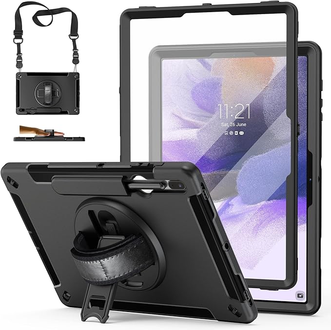Case for Galaxy Tab S7 FE/S7 Plus/S8 Plus 12.4 INCH: TPU Protective Cover for Samsung Tablet S7 FE/S7 Plus/S8 Plus 12.4 with Screen Protector-Stand- Handle + Shoulder Strap-S-Pen Holder- Black