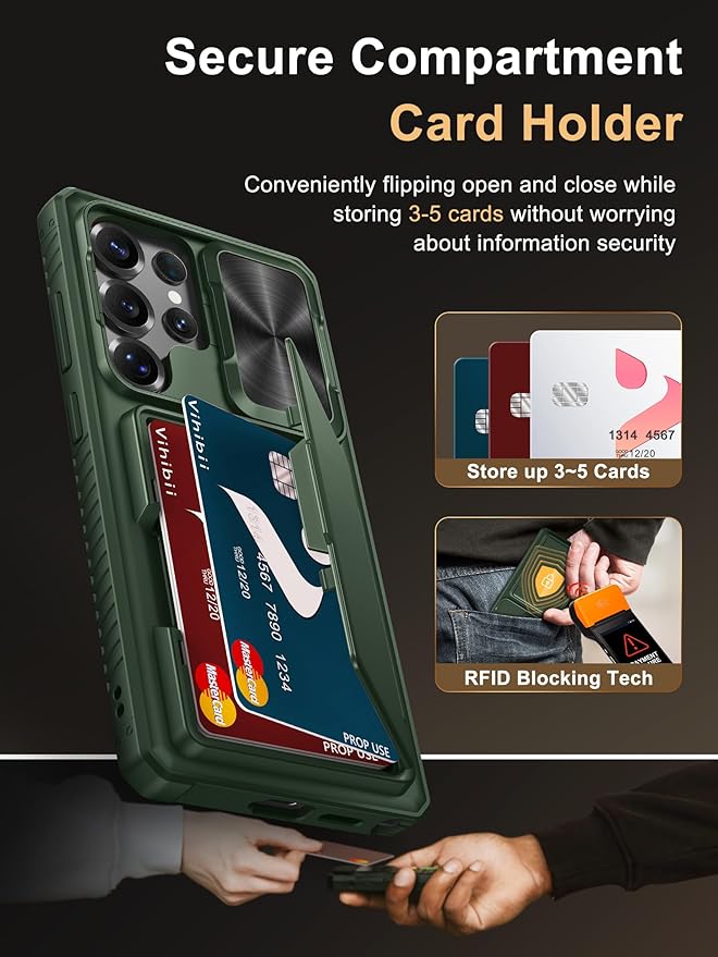 Vihibii for Samsung Galaxy S25 Ultra Wallet Case, Built-in Card Holder (4 Cards), [RFID Blocking] & Slide Lens Cover, Military Grade Drop Protection, Phone Case for Samsung Galaxy S25 Ultra, Green