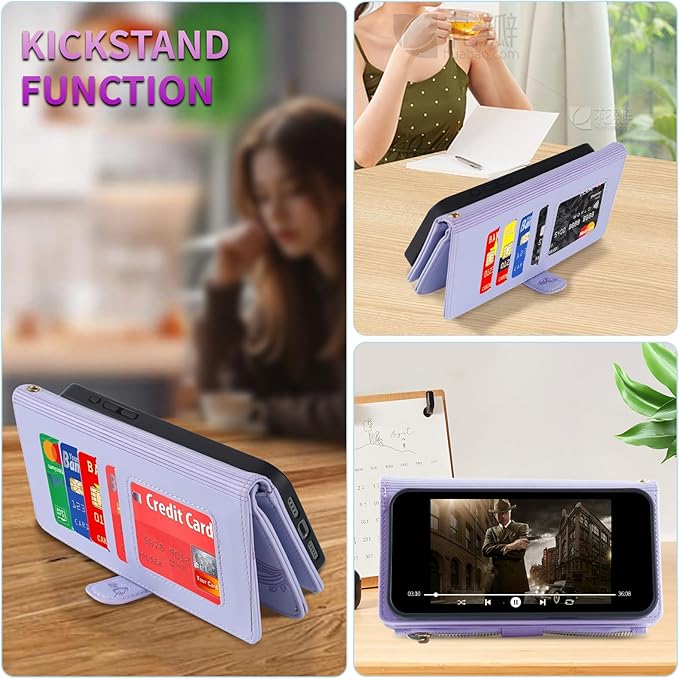 Lacass for Samsung Galaxy S24 Ultra Case Wallet,Compatible with MagSafe 2 in 1 Magnetic Detachable PU Leather RFID Blocking Wallet Cover Card Holder Zipper Wrist Strap Lanyard,Floral Light Purple