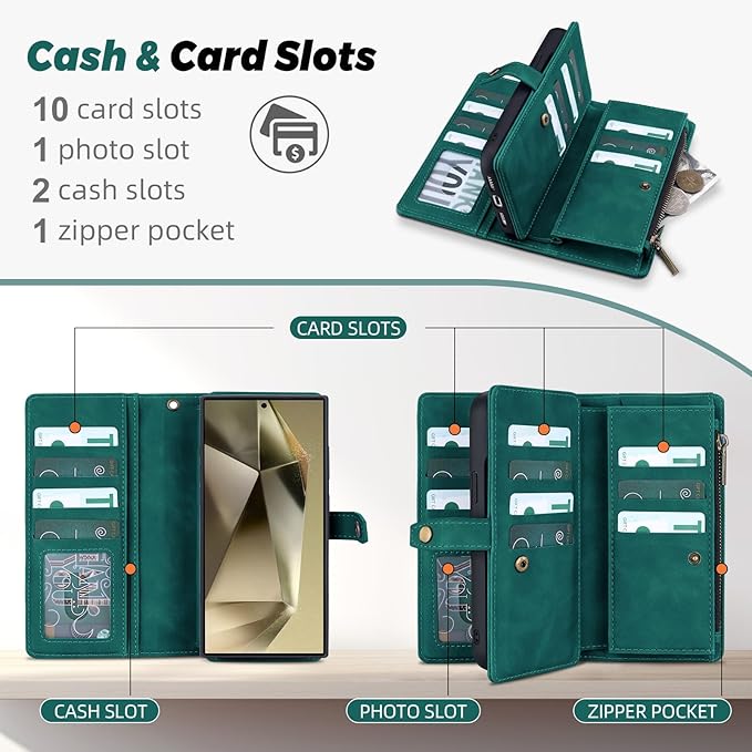TwoHead for Samsung Galaxy S24 Ultra Wallet Case with Card Holder & Detachable Magnetic Phone Case for Galaxy S24 Ultra,PU Leather Shockproof Protective Phone Cover Wallet(6.8 in,Green)