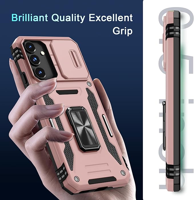 DEERLAMN Case for Samsung Galaxy S24 FE 6.7-Inch with Slide Camera Cover+Screen Protector(1 Pack), Rotated Ring Kickstand Military Grade Shockproof Protective Cover-Rose Gold