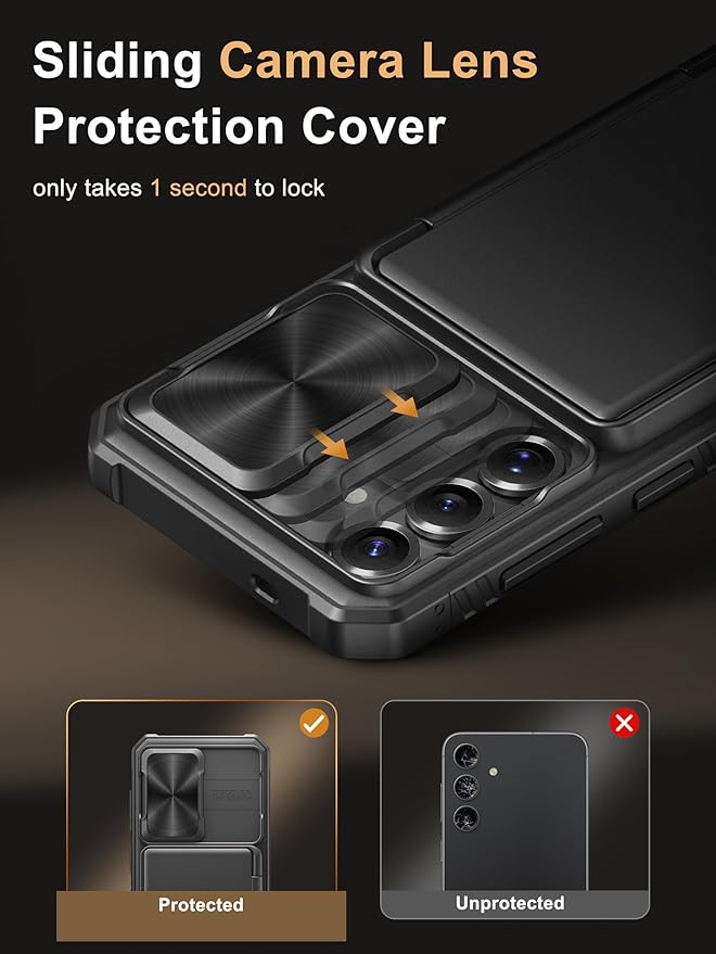 Vihibii for Samsung Galaxy S25 Case with [2X Screen Protector], Built-in Card Holder (4 Cards), [RFID Blocking] & Slide Camera Cover & Tempered Glass Films, Rugged Case Wallet for S25 6.2" 2025, Black