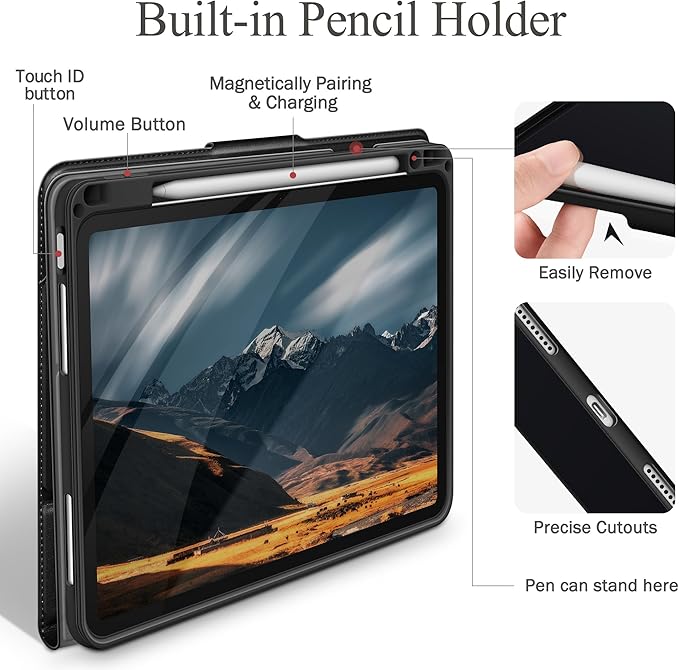 auaua Case for iPad Air 11 Inch M3/M2 (2025/2024), iPad Air 5th/4th Generation (2022/2020), with Pencil Holder and Pocket, Typing Angle Muti-Stand Magnetic Closure Auto Sleep/Wake (Black)