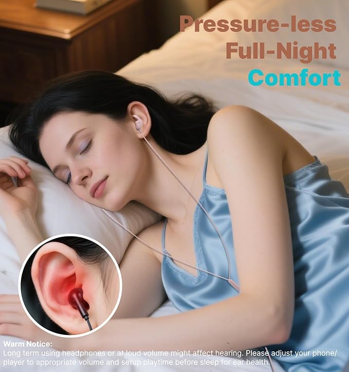 Hmusic Sleep Headphones,3.5mm Wired Sleeping Earbuds,30dB Noise Isolate Sleep Plugs,2g Lightweight, Ultra-Soft Silicone,Snail Flat Thin Bed Earphones for Air Travel,Work,Audio Book,Meditation