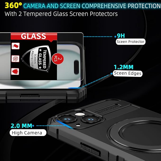 for iPhone 15 Case Magnetic Compatible with MagSafe Wireless Charging,with 2 Screen Protectors,Built-in Kickstand Ring,Shockproof Shock-Absorbent Scratch Resistant Heavy Duty Protection Black