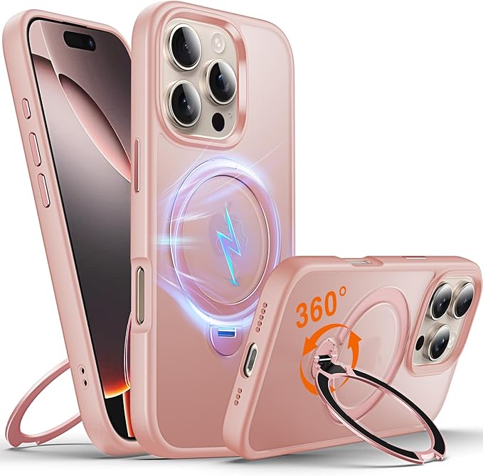 360° O-Ring MagStander for iPhone 16 Pro Case with Magnetic Kickstand Ring Holder [Compatible with MagSafe][360°Rotate Stand Ring][Military Shockproof] iPhone 16 Pro Phone Cover Matte Pink