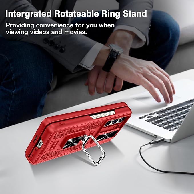 VEGO for Galaxy Z Fold 5 Case with Hinge Protection, Belt Clip Holster & 360°Ring Magnetic Kickstand & Camera Cover & Front Screen Protector Shockproof Cover - Vibrant Red