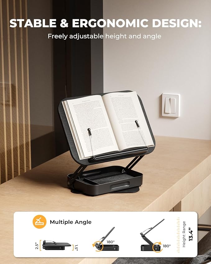 Adjustable Book Stand for Reading with Storage – 360° Rotating Base, Height Adjustable, Extra-Wide Page Clips for Thick Books – Portable Desk Book Holder for Study, Bed, Office, Kitchen (Black)