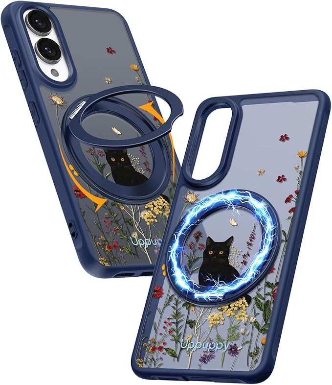 for Samsung Galaxy S25 Edge Case with 360° Rotatable Magnetic Ring - Compatible with MagSafe, Semi-Transparent Soft-Touch Material Shockproof, Cute Black Cat Design for Women Girl