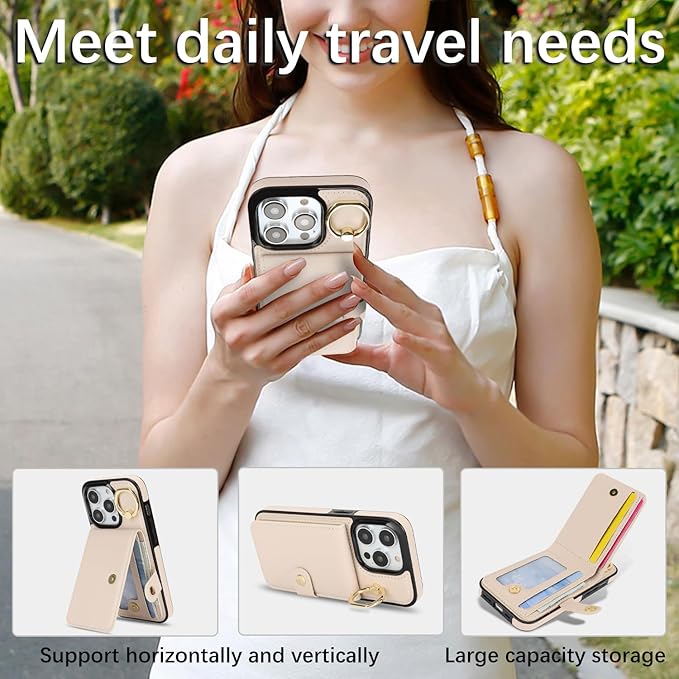 Compatible iPhone 16 Pro Wallet Case with Card Holder RFID Blocking PU Leather Doubles as a Wallet Unisex Flip Shockproof Protection with Card Slots Ring Wrist Kickstand Function,White