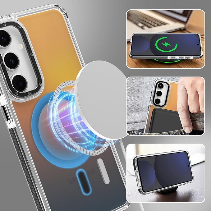 MOWIME Magnetic Case for Samsung Galaxy S24 FE [Compatible with Magsafe] [Cute Fashion Fluorescent Design] [1 Screen Protector] Slim Translucent Matte Case for Galaxy S24 FE 6.7", Black