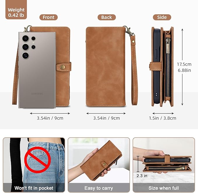 TwoHead for Samsung Galaxy S24 Ultra Wallet Case with Card Holder & Detachable Magnetic Phone Case for Galaxy S24 Ultra,PU Leather Shockproof Protective Phone Cover Wallet(6.8 in,Brown)