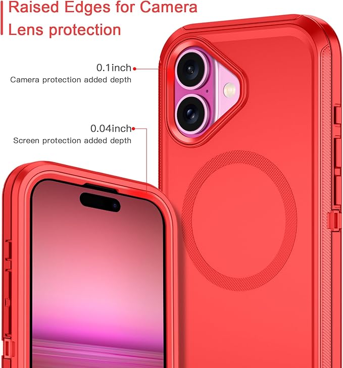 for iPhone 16 Case [Compatible with MagSafe] Shockproof 3-Layer Full Body Protection [Without Screen Protector] Rugged Heavy Duty Cover Case for Apple iPhone 16 6.1",Red