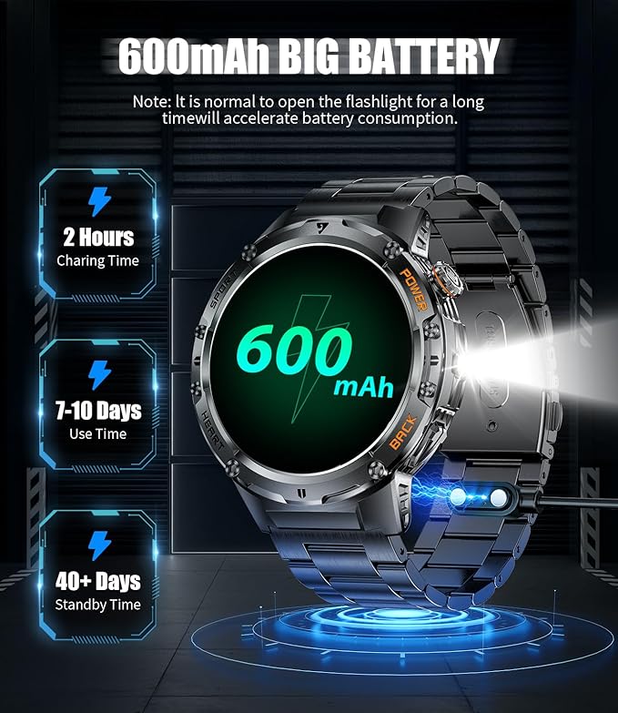 Military Smart Watch for Men, Flashlight 100+ Sports Modes Fitness Tracker Smartwatch, 1.43'' AMOLED Display, 5ATM Waterproof/Sleep Monitor, Mens Smart Watches for Android iOS