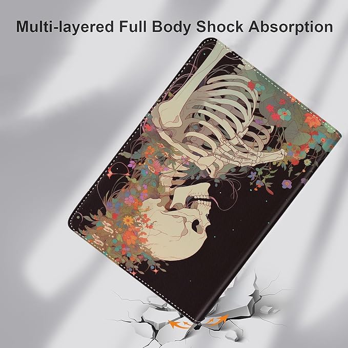 Case for Samsung Galaxy Tab A9 Plus 11 inch 2023，Slim Fit Foldable Standing Cover Case with Auto Sleep/Wake for Galaxy Tab A9+ 11’2023 (SM-X210/X216/X218)，Skeleton with Flower Skull