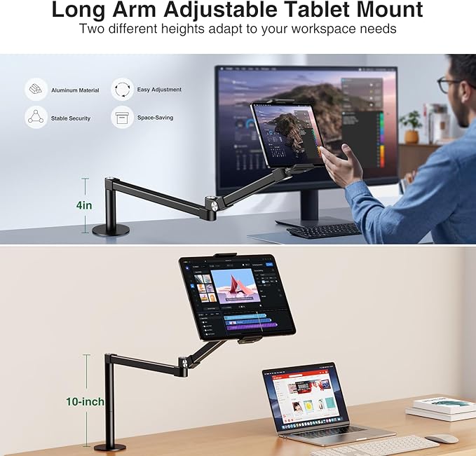 elitehood Long Arm iPad Desk Mount with Grommet Mounting Base, Heavy Duty Aluminum Tablet Holder for Desk, Swivel Arm Mount for iPad Pro 13/12.9 Air Mini, iPhone and 4.7-13in Tablets