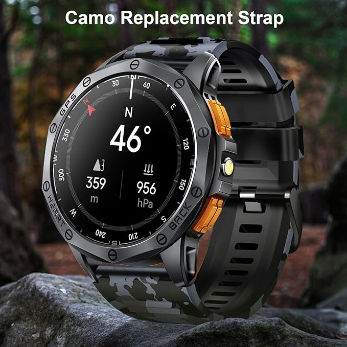 Military Smart Watches Built-in GPS, 170+ Sport Modes for Men with Flashlight, Smartwatch for Android Phones and iPhone, 1.43" AMOLED Screen Bluetooth Call Compass Altimeter (Black & Camo (2 Bands))