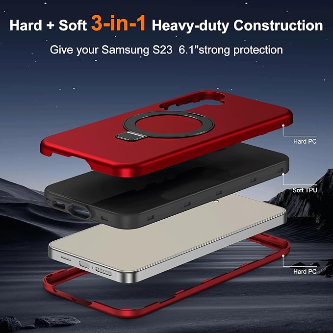 Designed for Samsung Galaxy S23 Case with Magnetic Ring Stand [Compatible with Mag-Safe][Military Grade Drop Protection][Build in Kickstand] Shockproof Galaxy S23 Phone Case 6.1",Red