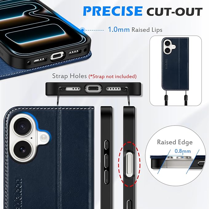 SHIELDON Real Leather Wallet Case for iPhone 17 6.3-inch 2025 | Magnetic Closure | RFID Blocking Card Slot | Kickstand | Shock-Absorbent | Soft Interior Phone Cover | Retro Dark Blue