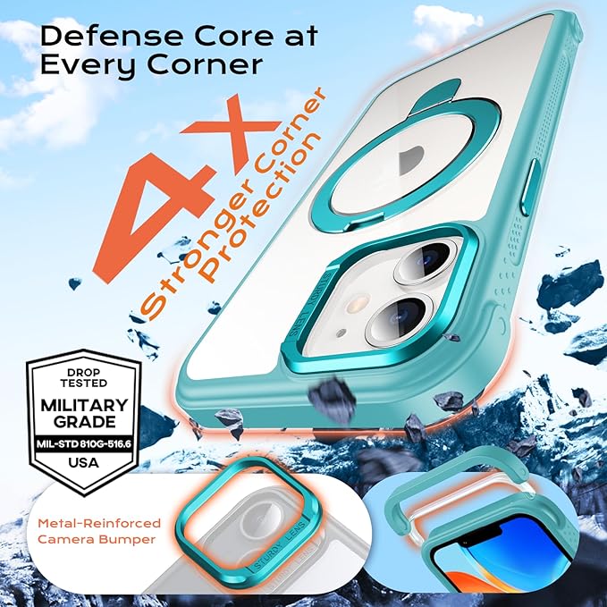 Anqrp O-Ring Magnetic Kickstand Clear Case for iPhone 12/12 Pro, Compatible with Mag-Safe, Military-Grade Reinforced 4-Corners Anti-Yellowing Transparent Phone Case Cover for iPhone 12/12 Pro, Teal