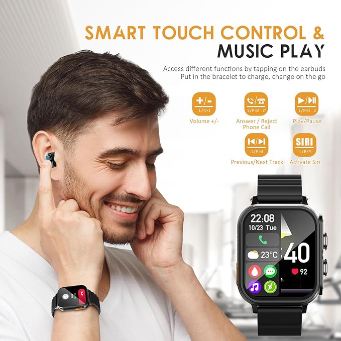 Smart Watch with Earbuds, 1.96“ Smartwatch for Android/iOS, Watches for Men Women IP67 Waterproof Fitness Tracker with Heart Rate Blood Oxygen Sleep Monitor, Sports Calls Message (Black)