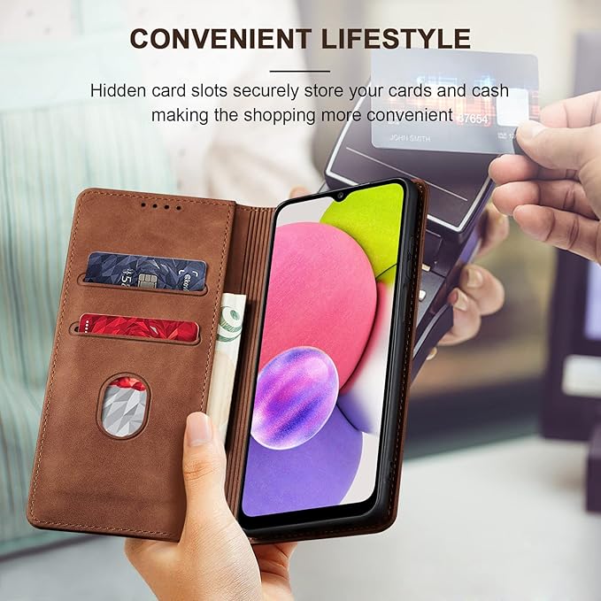 Jasonyu Flip Wallet Case for Samsung Galaxy A03s [US Version],Leather Magnetic Folio Cover with Card Holder,Kickstand - TPU Shockproof Durable Protective Phone Case,Brown