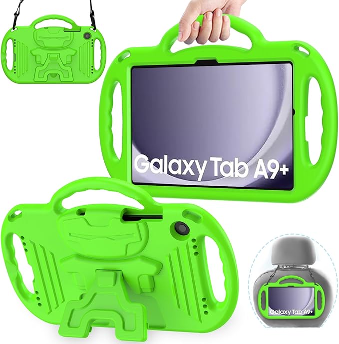 AVAWO Kids Case for Samsung Galaxy Tab A9+/A9 Plus 11 Inch 2023 Case, with Strap, Shockproof Lightweight Handle Stand 2023 Model (SM-X210/X216/X218) with Lanyard, Green