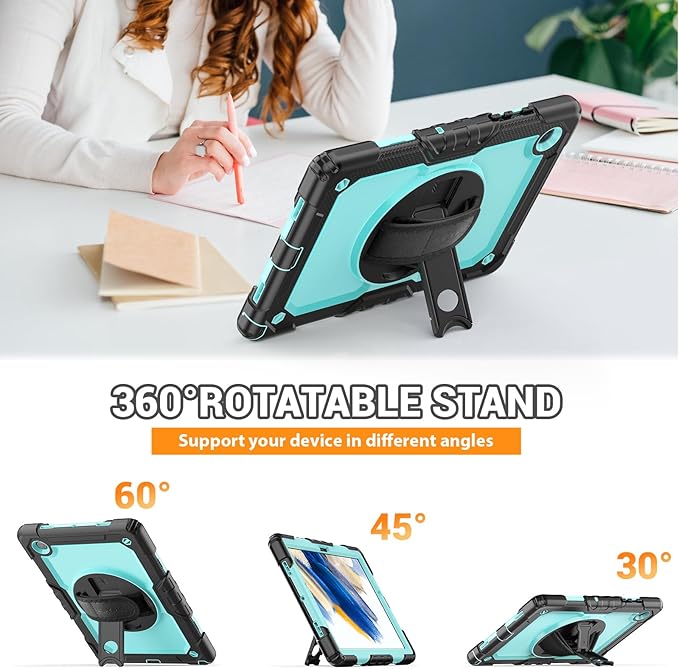 SEYMAC for Samsung Galaxy Tab A8 Case 10.5 (SM-X200/ X205/ X207), Heavy Duty Full-Body Shockproof Protective Case with Screen Protector, Rotating Stand, Hand/Shoulder Strap and Pen Holder, Sky Blue