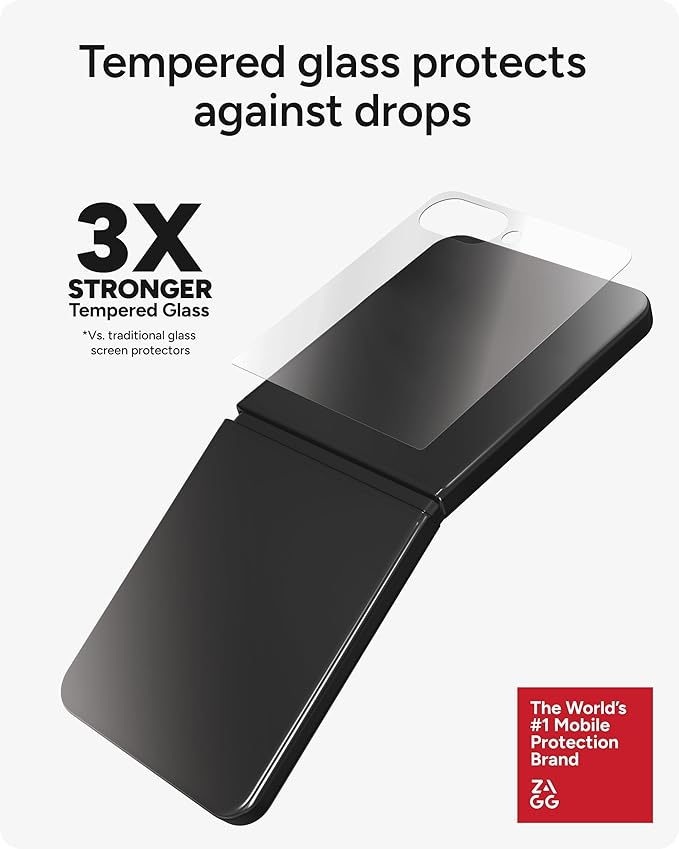 ZAGG Glass+ Samsung Galaxy Z Flip7 Screen Protector (Front Screen Only) – 3x Stronger, Scratch-Resistant, Smudge-Resistant, Fingerprint Scanner Compatible, InvisibleShield, Easy Installation
