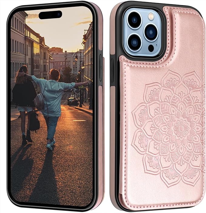 MMHUO for iPhone 15 Pro Max Case with Card Holder,Flower Magnetic Buttons Protective Wallet Case for Women for iPhone 15 Pro Max,Rose Gold