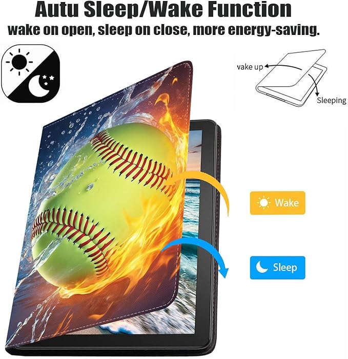 Case for Samsung Galaxy Tab A7 10.4 inch 2022/2020 (SM-T500/T503/T505/T507/T509), Premium PU Leather Stand Folio Cover with Auto Sleep/Wake, Burning Softball Fire and Water