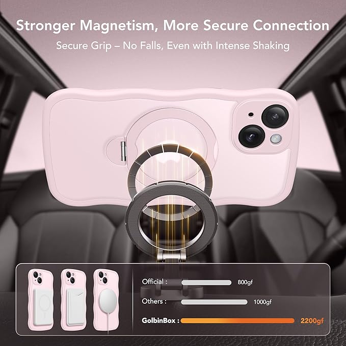 GolbinBox for iPhone 15 Plus Case for Women,[Compatible with Magsafe][360° Spin Magnetic Stand][Cute Wave Edge][Military-Grade Protection] Translucent Matte Phone Case for iPhone 15 Plus, Chalk Pink