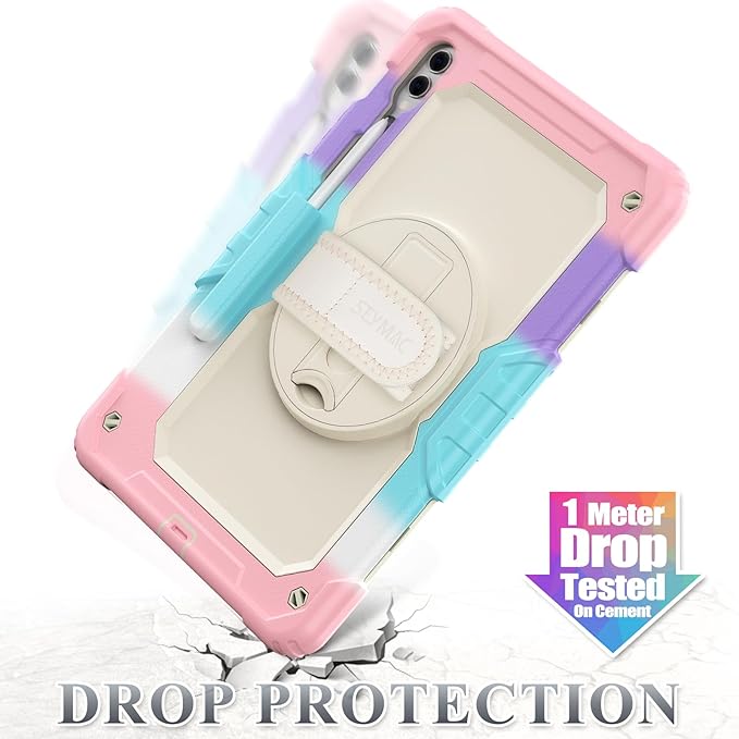 SEYMAC stock Case for Samsung Galaxy Tab S10 Plus/ S9 FE Plus/ S9+ 5G Tablet 12.4'' Case with Screen Protector Pencil Holder [360 Rotating Hand Strap] &Stand, Drop-Proof, Beige+Pink