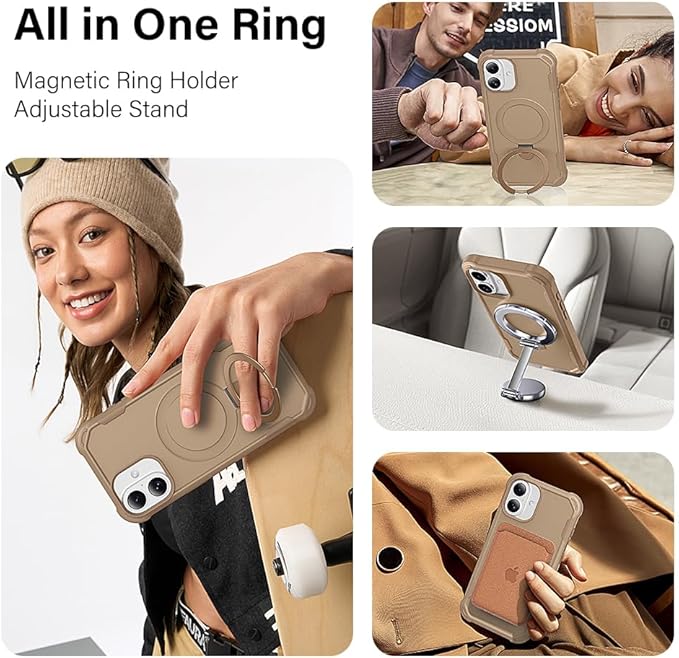 Designed for iPhone 16 Plus Case with Magnetic Stand [Military Drop Protection][Compatible with Magnet] Shockproof 16 Plus Phone Case with Ring Holder, Khaki