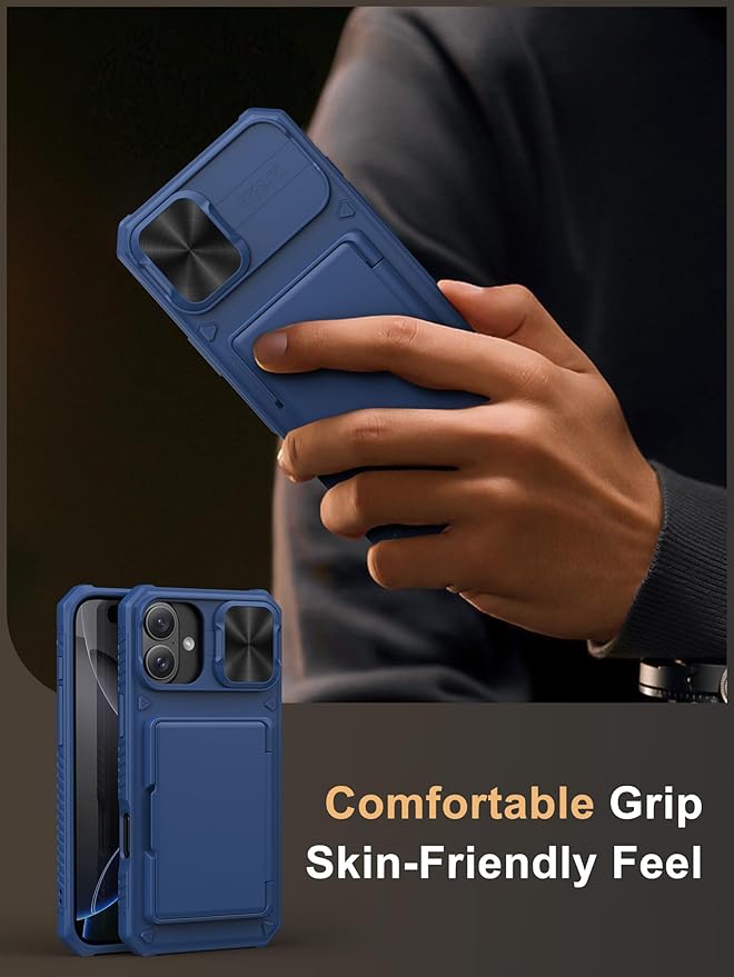 Vihibii for iPhone 16 Plus Wallet Case with Card Holder (4 Cards) [RFID Blocking] & Slide Camera Cover & Raised Edges Protect Screen, Shockproof Rugged Phone Cover for iPhone 16 Plus 6.7" 2024, Blue