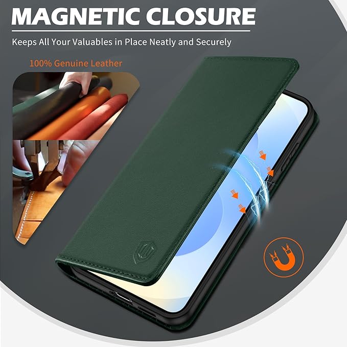 SHIELDON Case for Galaxy S25 Edge 5G 6.7", Genuine Leather Flip Wallet Kickstand RFID Blocking Credit Card Holder Magnetic Shock Absorbing Cover Compatible with Galaxy S25 Edge 2025 - Nappa Evergreen